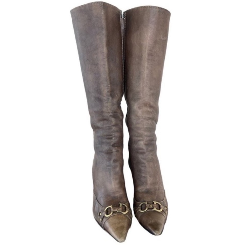Vintage CHRISTIAN DIOR Tall Brown Leather Horsebit Boots - Picture 1 of 11